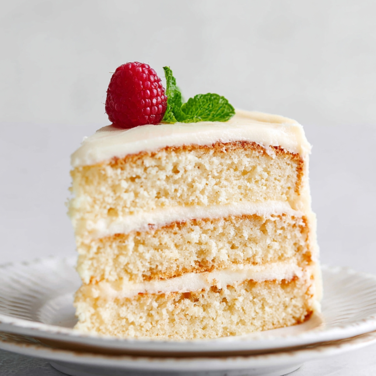 A slice of Vanilla Cake showing the layers of soft cake and frosting, topped with a raspberry and mint sprig.