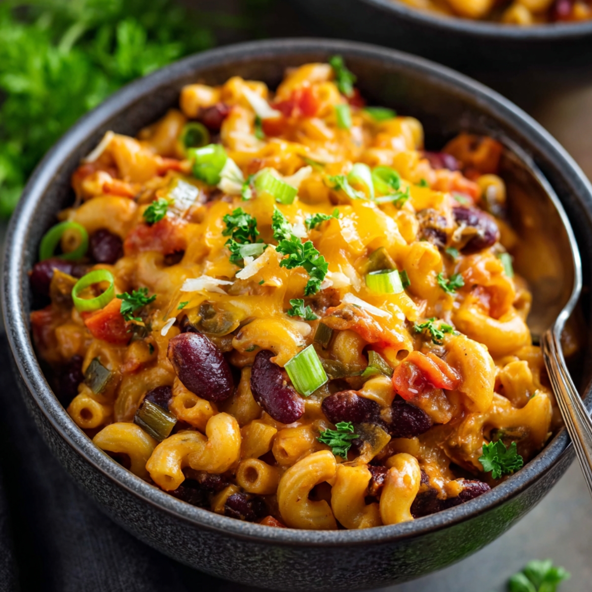 Bowl of Vegetarian Chili Mac topped with melted cheddar cheese, green onions, and parsley