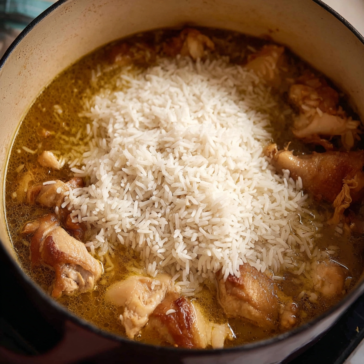 Uncooked rice added over a layer of chicken pieces and simmering broth in a pot, ready for cooking.