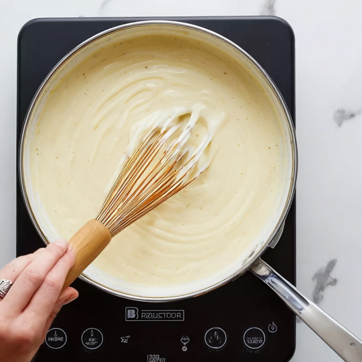 A creamy alfredo sauce is being whisked in a pan on a portable induction cooktop, with a wooden whisk in hand. The sauce has a smooth texture and is simmering gently.