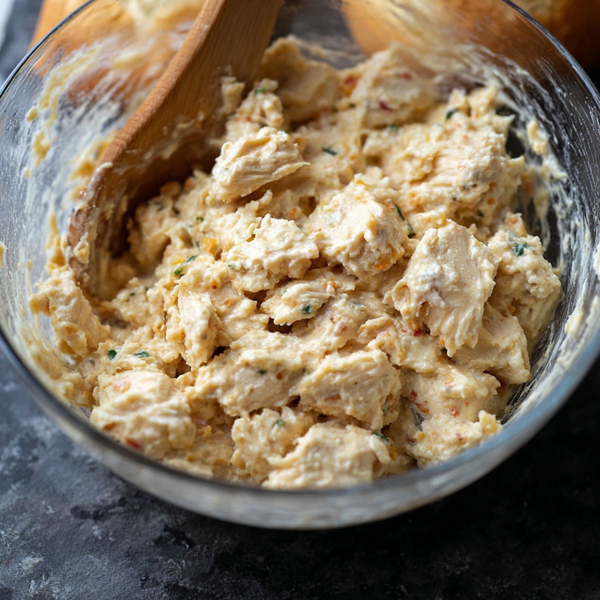 A creamy chicken mixture with tender chunks of chicken, herbs, and a thick, cheesy filling being mixed in a glass bowl.