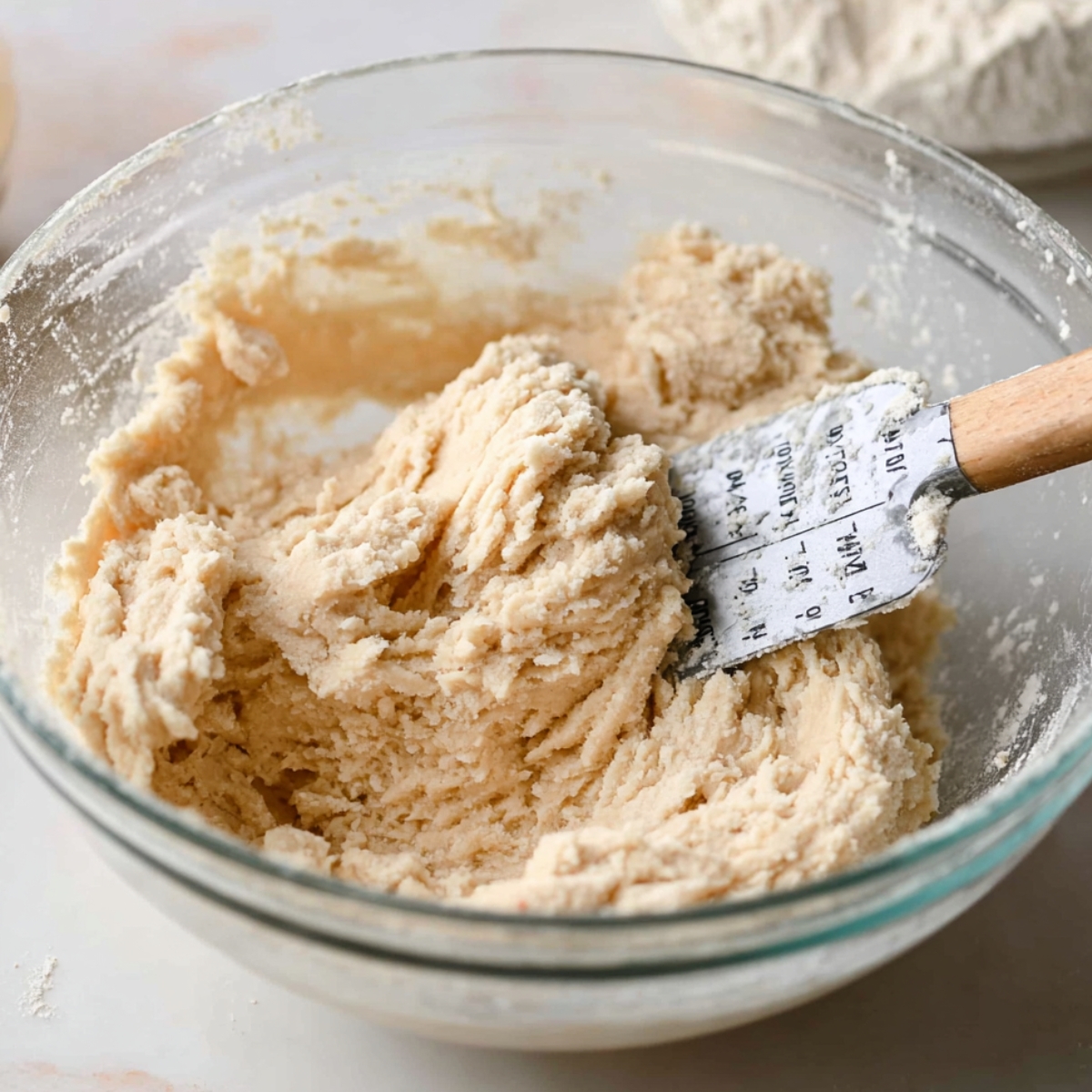 Thick snickerdoodle cookie dough being stirred in a glass bowl.