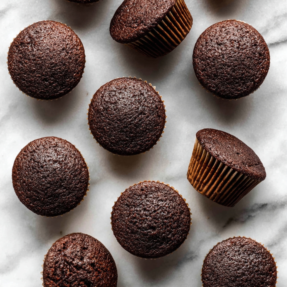 Freshly baked chocolate cupcakes on a marble surface.