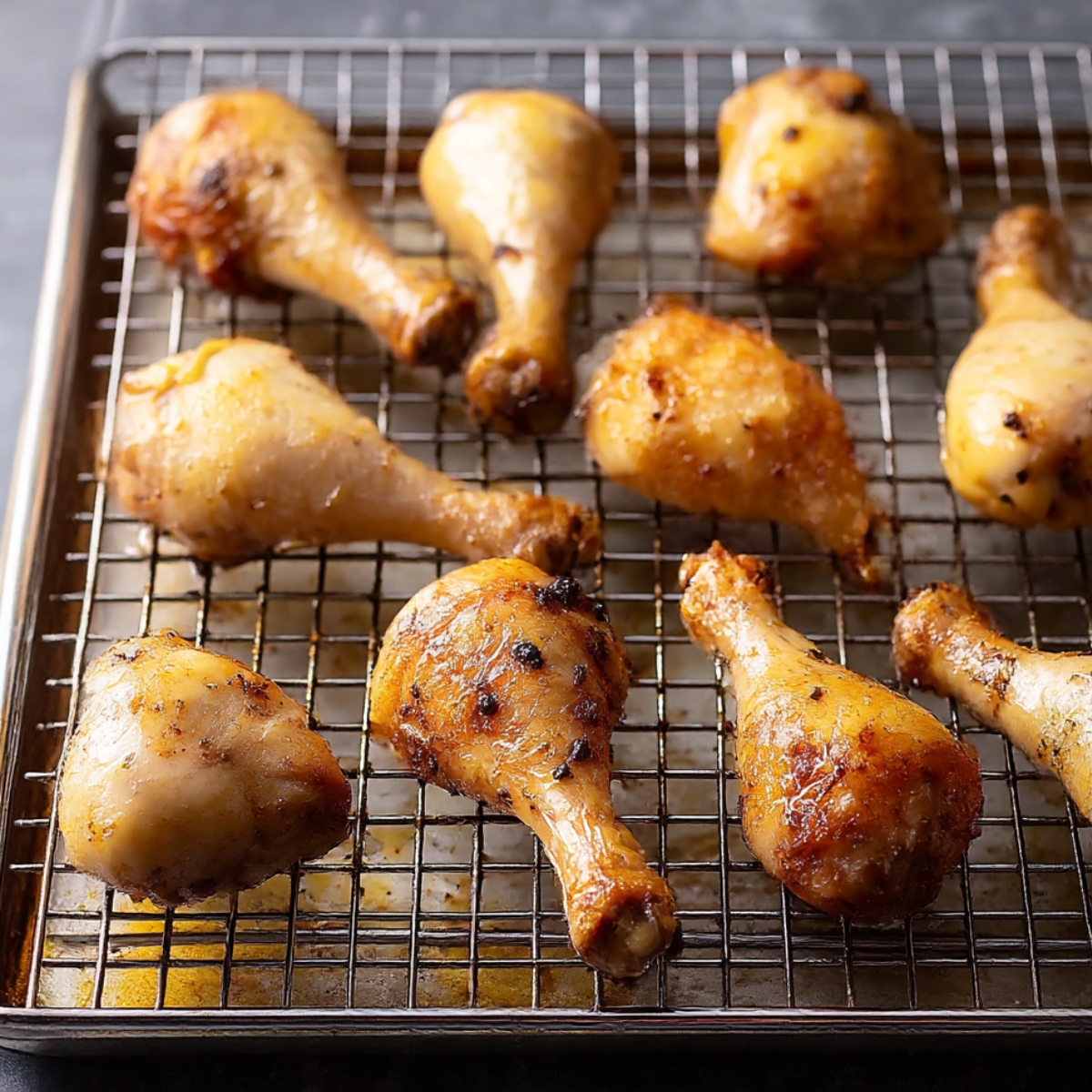 Broiled chicken drumsticks resting on a wire rack, golden and crispy after cooking.
