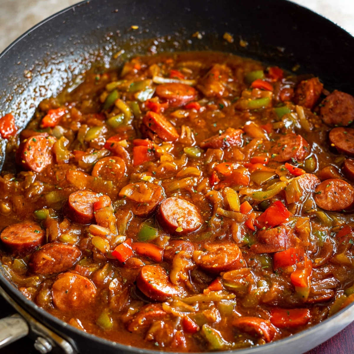 A rich, savory sauce of sausages, bell peppers, onions, and tomatoes simmering together in a skillet. The dish has a deep brown color and is bubbling, indicating it’s almost ready to be served.