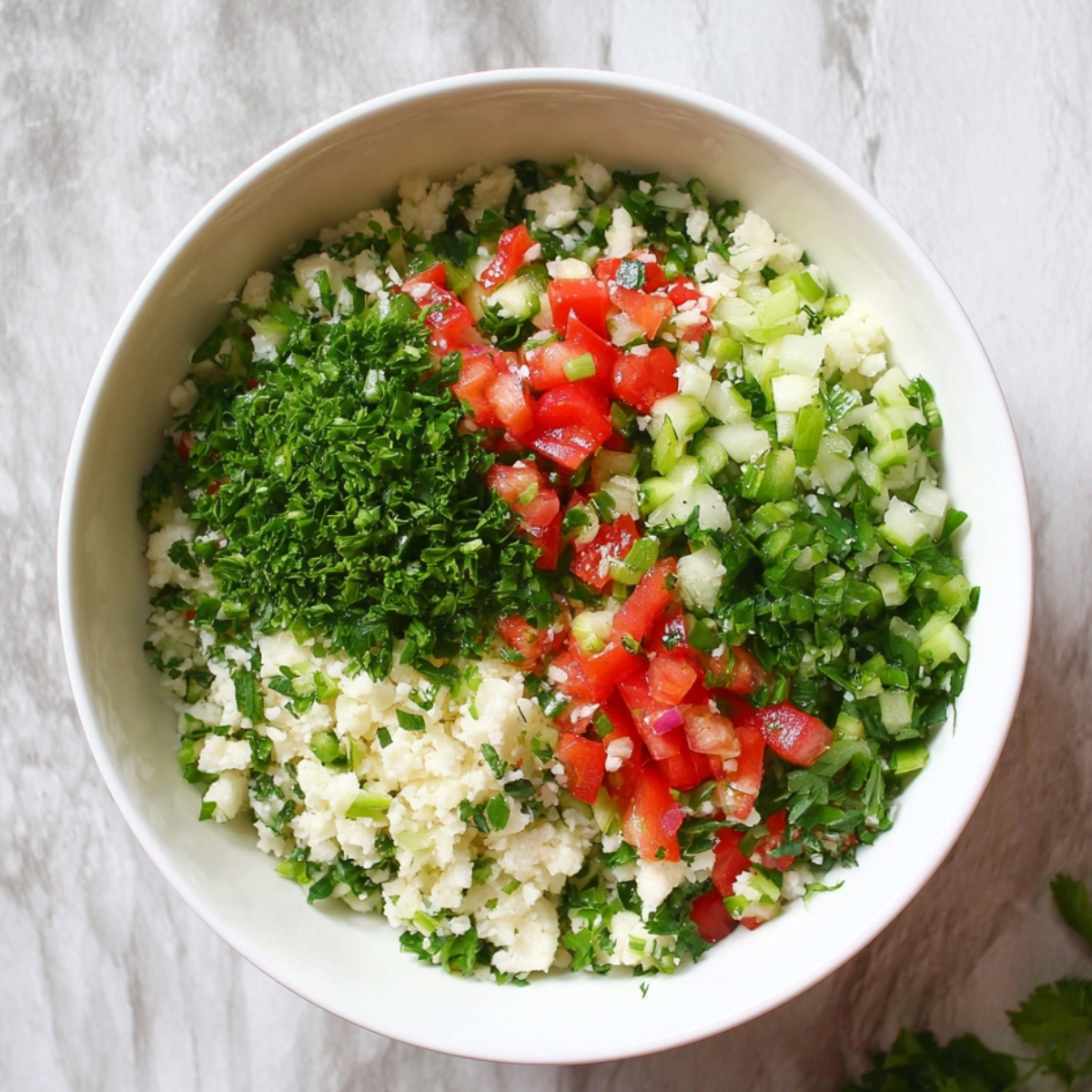 Cauliflower rice ready to be mixed with fresh vegetables and herbs for a vibrant Cauliflower Tabbouleh salad, offering a light and healthy twist on the classic.