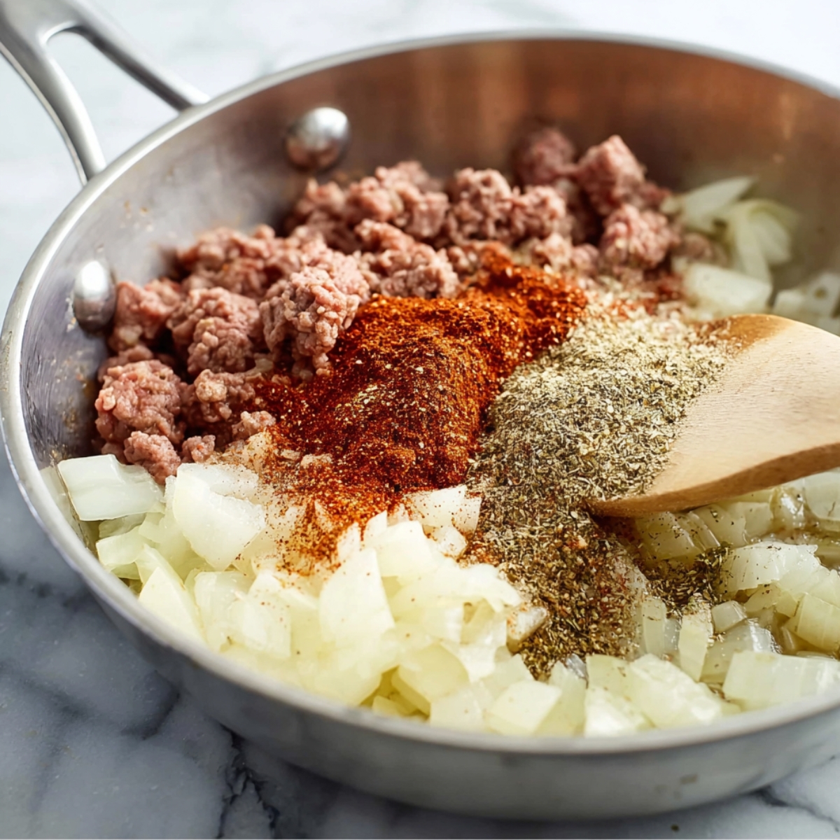A close-up image of ground beef being cooked with onions and various seasonings in a stainless steel skillet. The beef is browning, and the spices are adding rich flavors to the mixture.