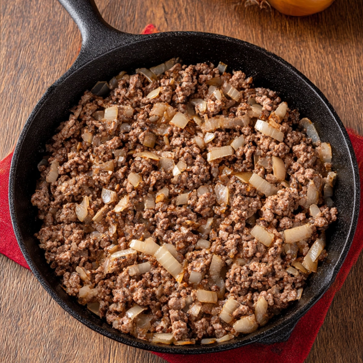 Ground beef and chopped onions cooking in a skillet, browning and softening to create a savory base for the casserole.