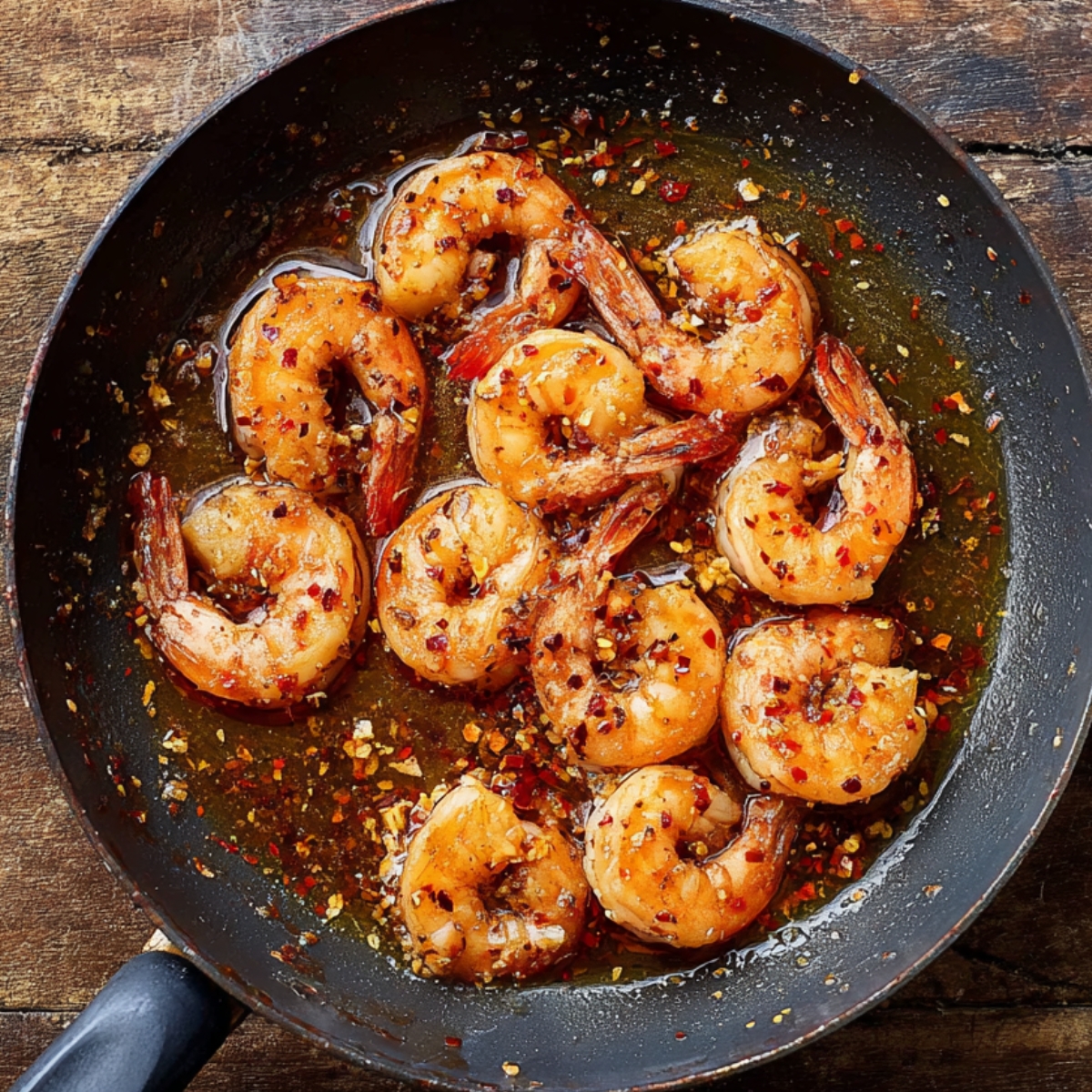 Shrimp cooking in a pan with garlic-infused oil, sprinkled with red pepper flakes and seasonings, turning golden brown.