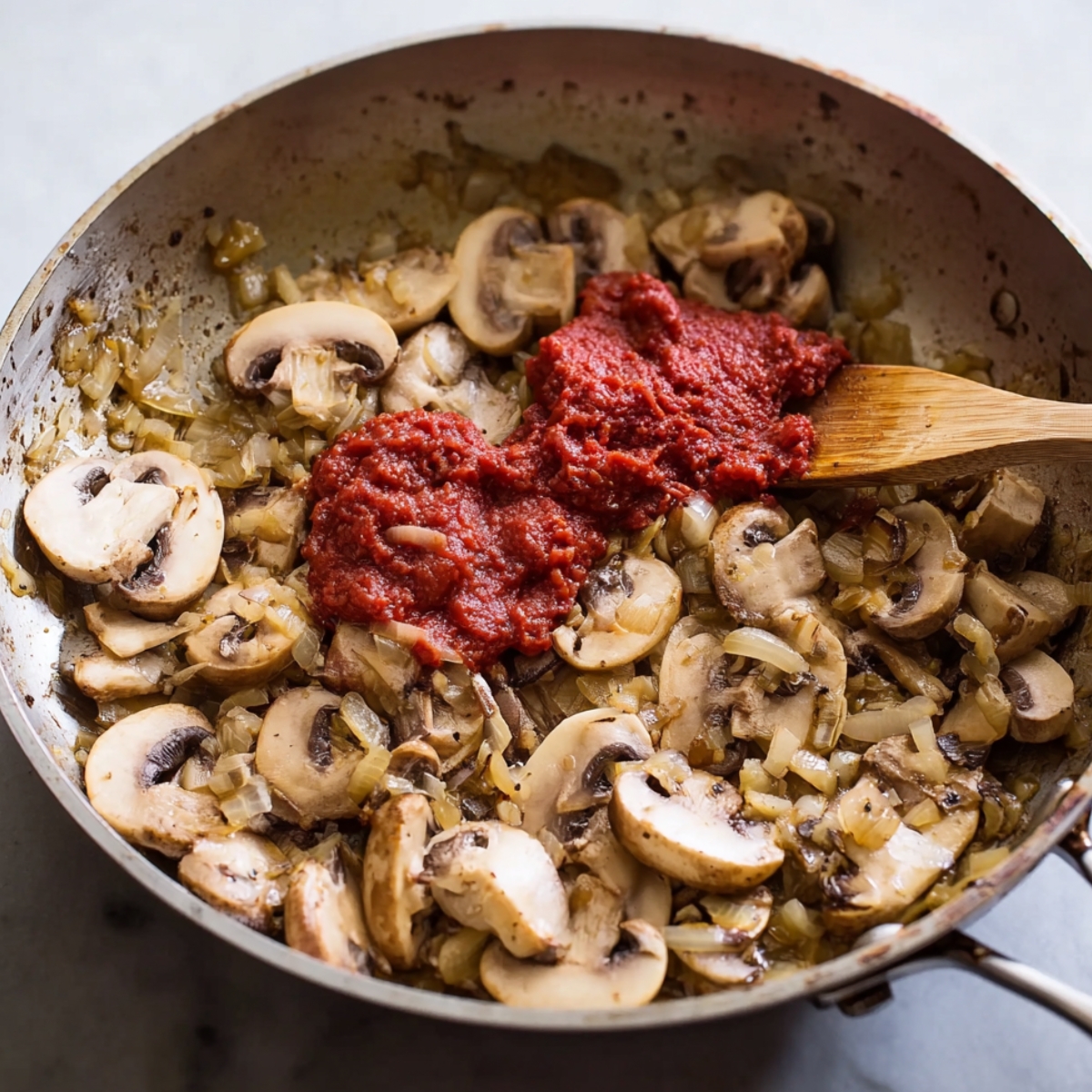 Sautéed mushrooms and onions with tomato paste in a skillet, creating a flavorful base for lasagna sauce.