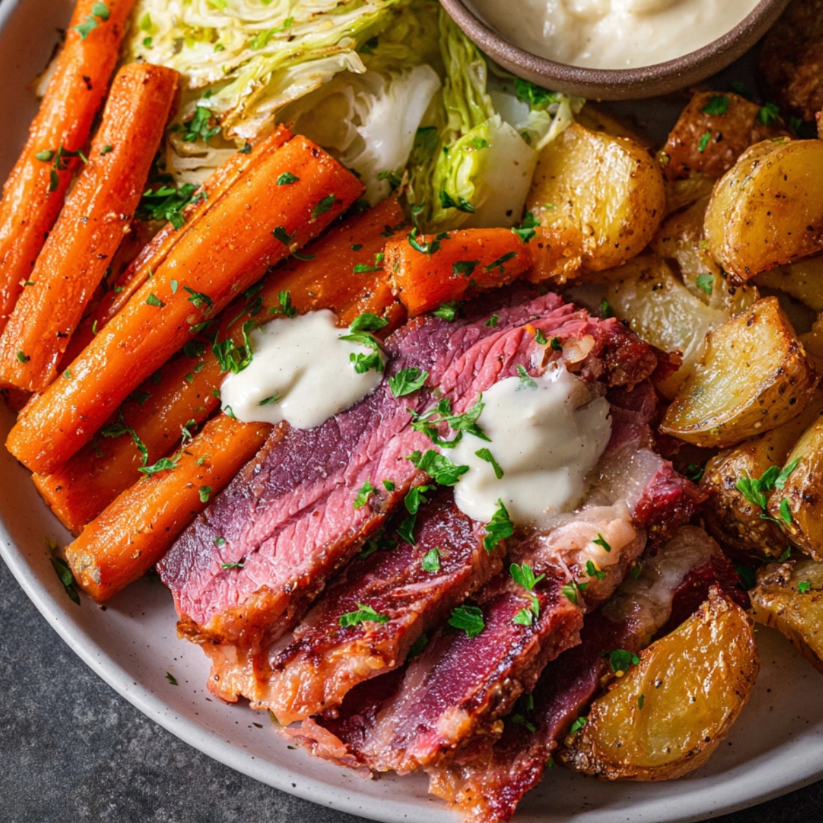 A plate of sliced Corned Beef and Cabbage served with roasted potatoes, glazed carrots, and sautéed cabbage, topped with a creamy sauce and garnished with parsley.