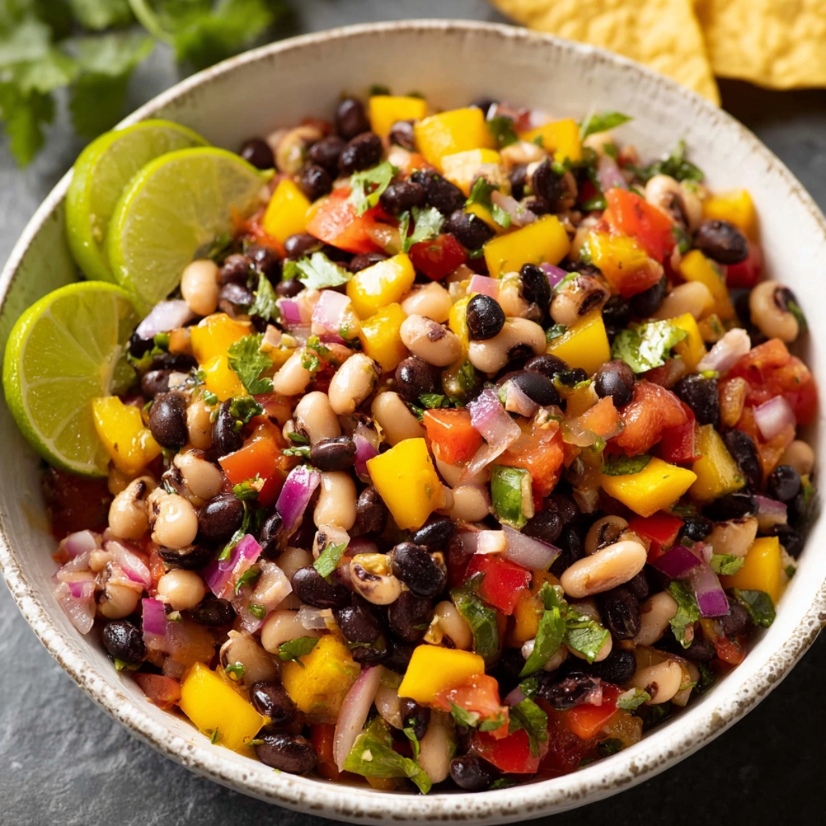 A bowl of Cowboy Caviar Recipe, featuring black beans, black-eyed peas, tomatoes, yellow bell peppers, red onions, and cilantro, garnished with lime wedges.