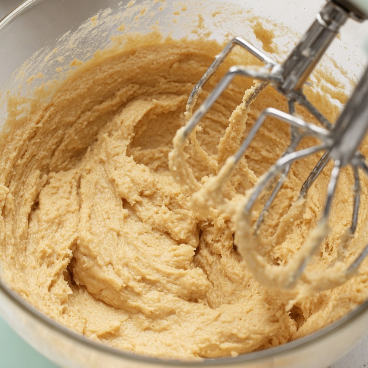 Creamed butter and sugars in a mixing bowl, with a smooth and fluffy consistency, ready for cookie dough.