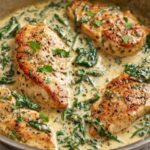 Golden-seared Creamy Dijon Chicken in a creamy Dijon sauce with spinach, garnished with fresh herbs for added flavor and color.