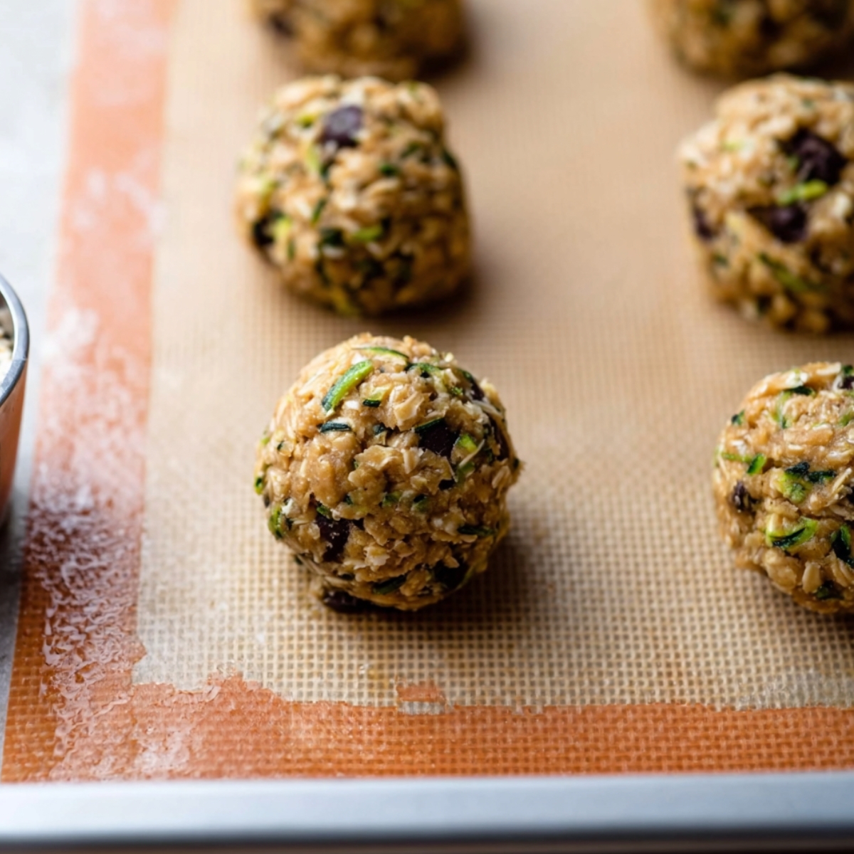 Cookie dough balls, made from oats, zucchini, and chocolate chips, arranged on a baking tray, ready to be baked.