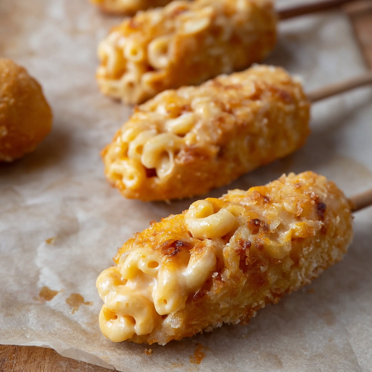Mac and cheese sticks coated in breadcrumbs and cheese, ready to be fried.