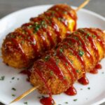 Fried Mac and Cheese Korean Corn Dog with melted cheese spilling out, drizzled with ketchup.