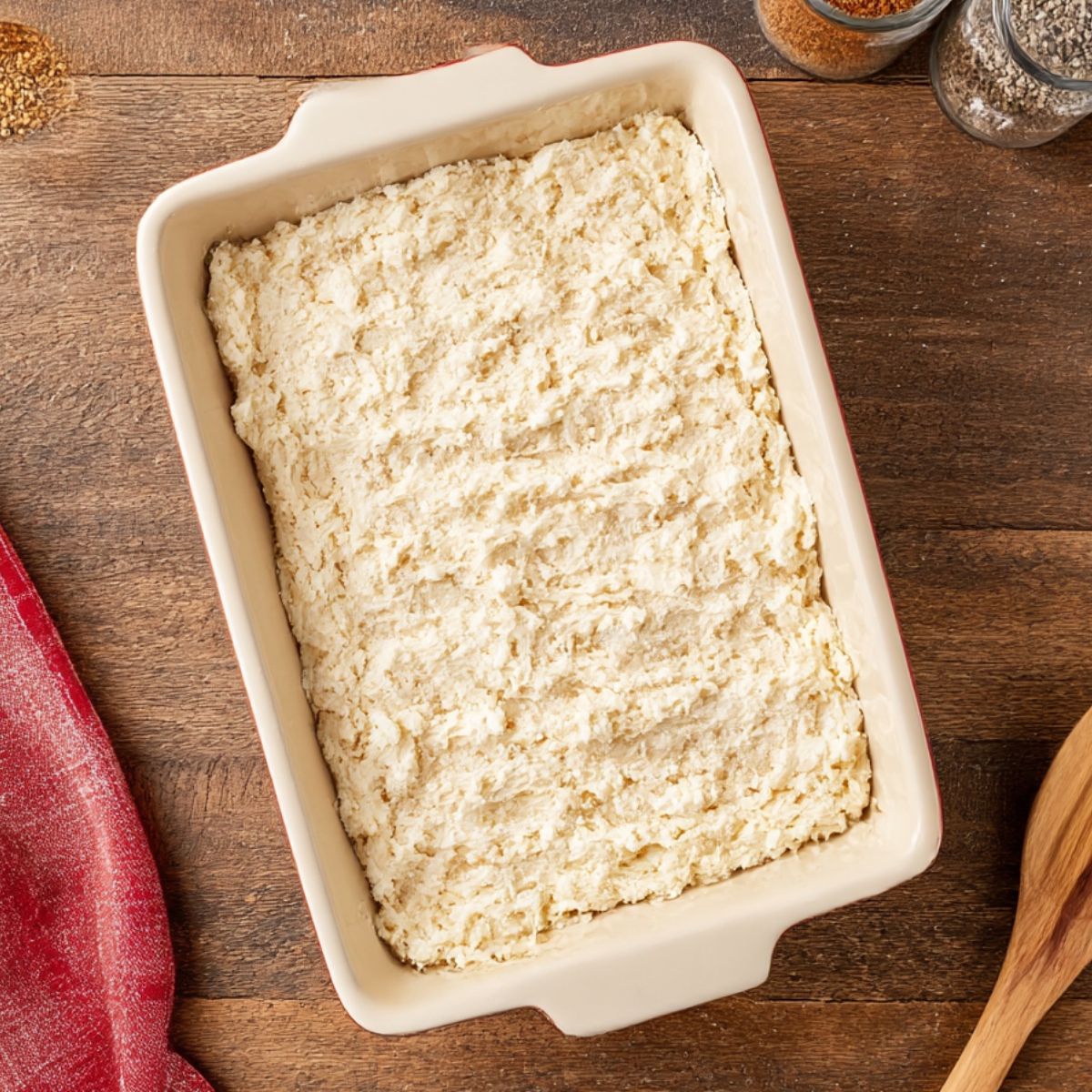 Unbaked biscuit base spread evenly in a casserole dish, ready to be topped with savory ingredients for a hearty meal.