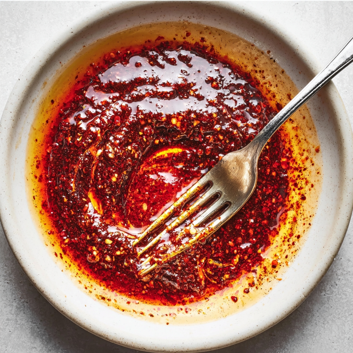 Mixing red pepper flakes into olive oil to create a glossy Turkish Ezme dressing.