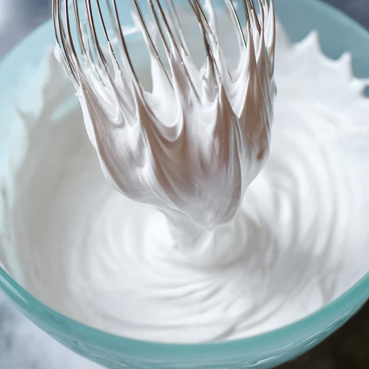 Stiff meringue forming glossy peaks on a whisk, ready for topping desserts like cupcakes or pies.