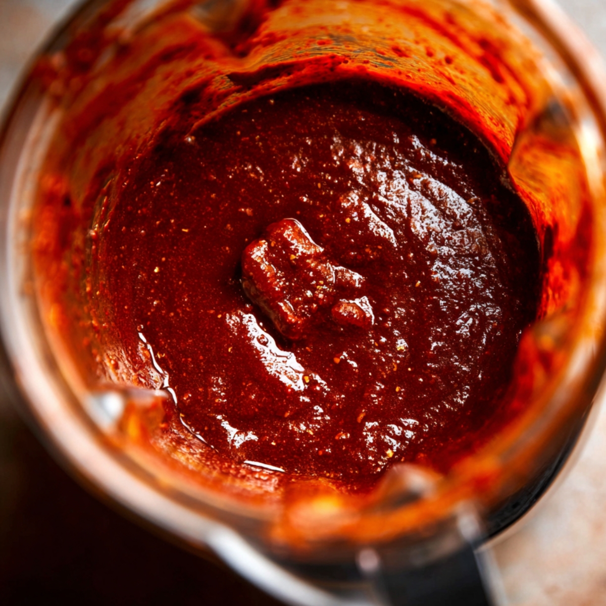 Blended red chile sauce in a blender jar, smooth and deep red, prepared for homemade pozole rojo.