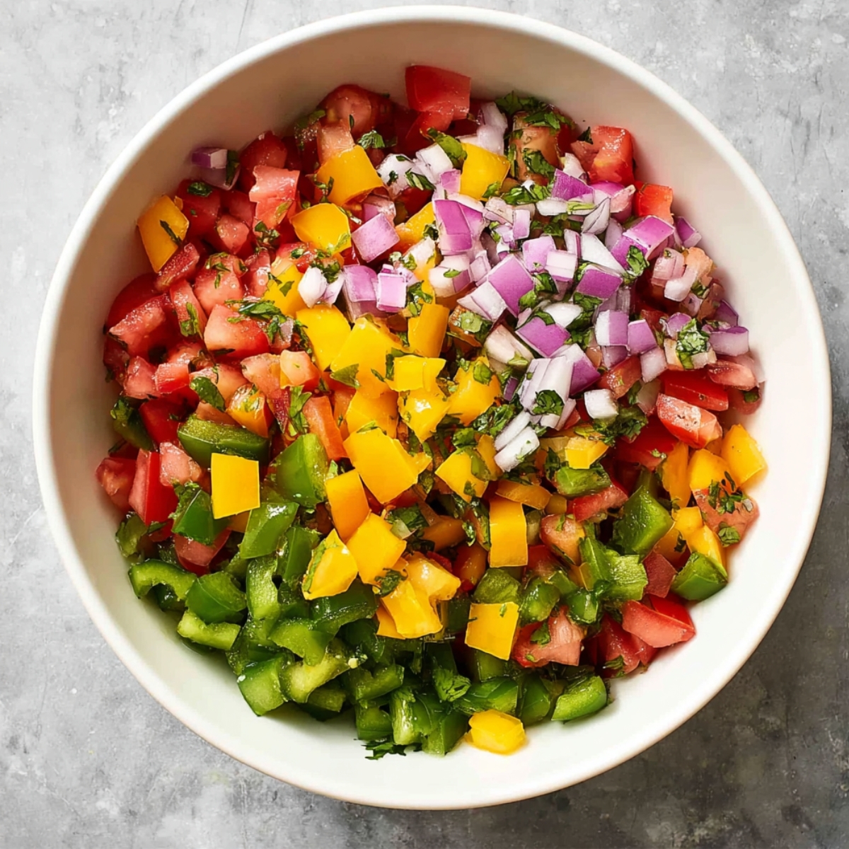 A bowl of chopped vegetables, including tomatoes, yellow bell peppers, red onions, and green peppers, topped with cilantro.