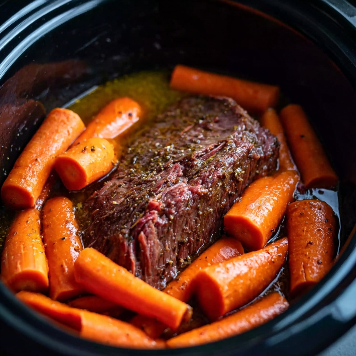 A piece of corned beef surrounded by bright orange carrots in a slow cooker, soaking in savory juices.