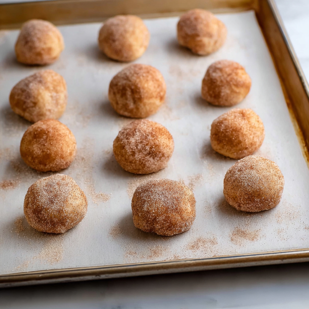 Cinnamon-sugar coated snickerdoodle dough balls on a baking sheet, ready to bake.