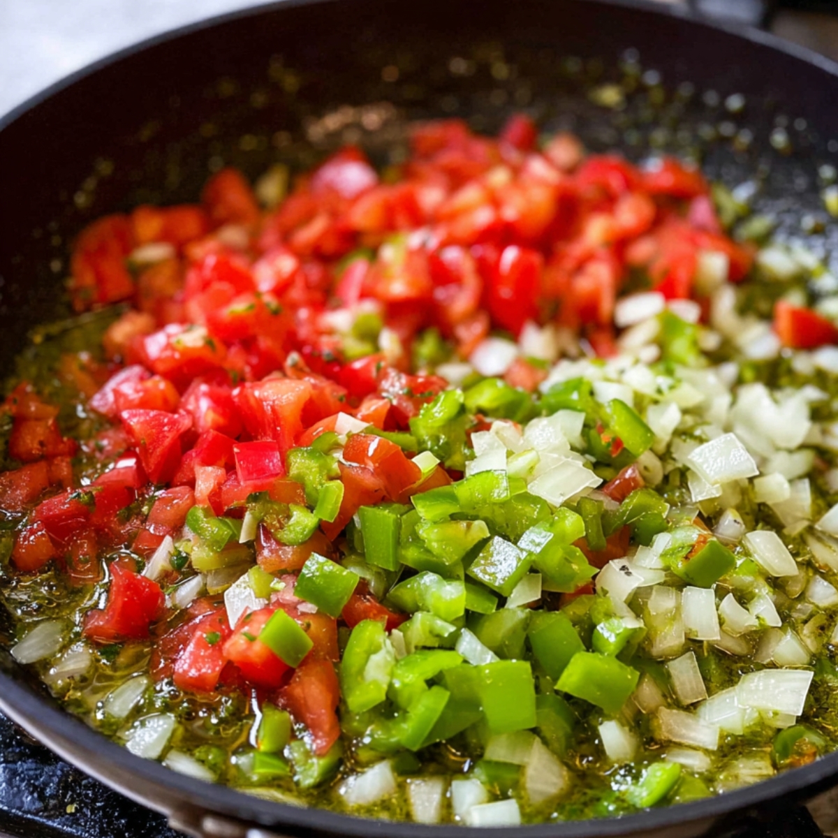 Chopped tomatoes, green bell peppers, and onions in a skillet, gently sizzling in olive oil with aromatic herbs, preparing a flavorful base for a Haitian dish.