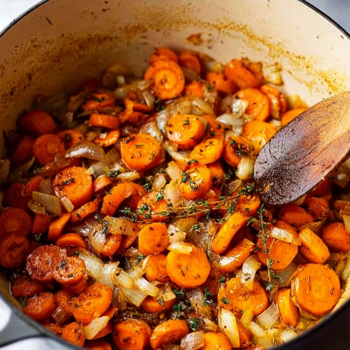 Sautéed carrots and onions with herbs in a pot, creating a flavorful base for a hearty white bean and bacon soup.