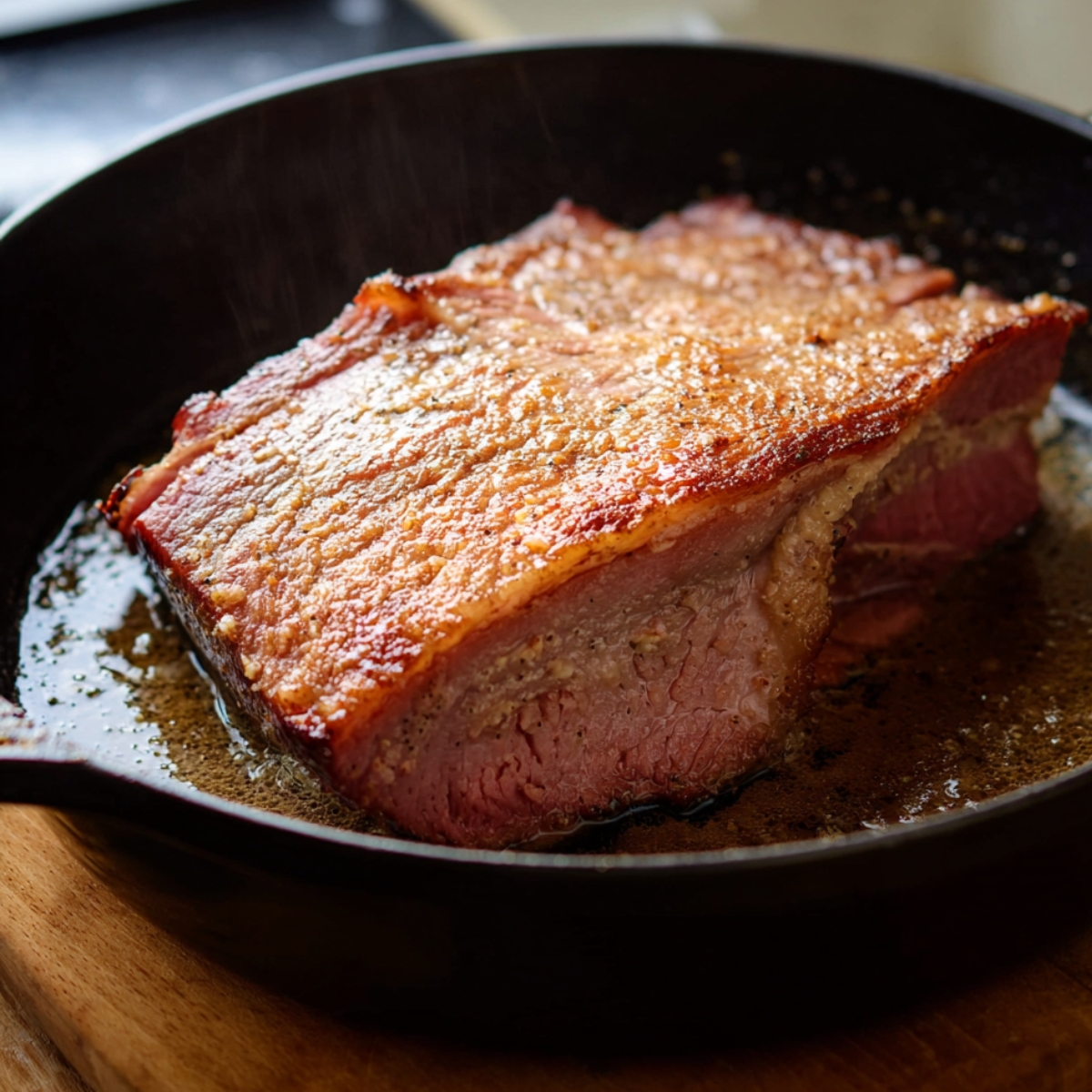 Corned beef searing in a hot skillet, creating a crispy, golden-brown crust on the meat.