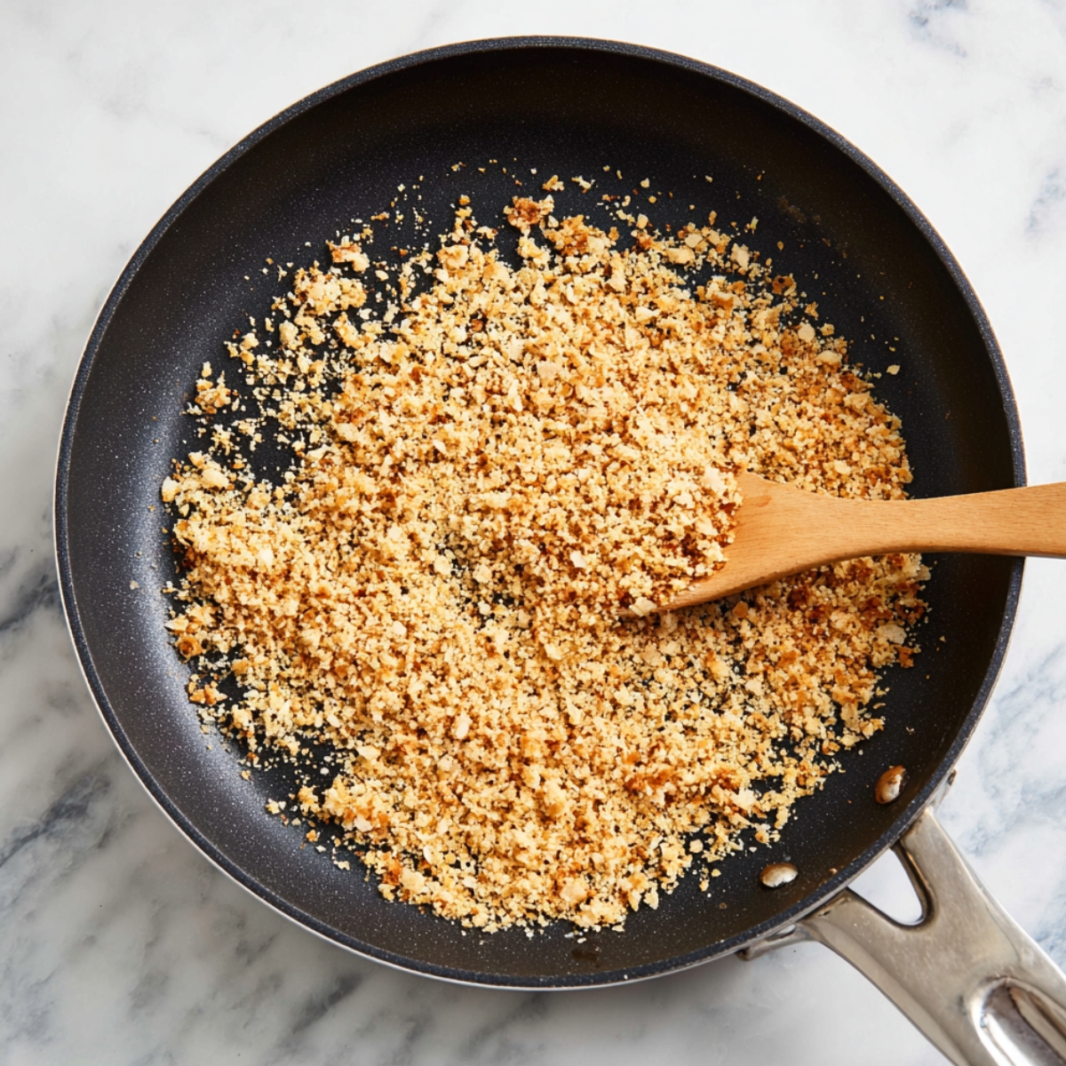Toasted panko breadcrumbs in a skillet, turning golden and crispy, ready to be used as a crunchy topping for dishes like salads or casseroles.