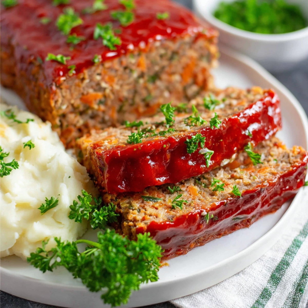 A plate of Vegan Lentil Loaf slices, with mashed potatoes and green peas, topped with parsley and glazed with ketchup.