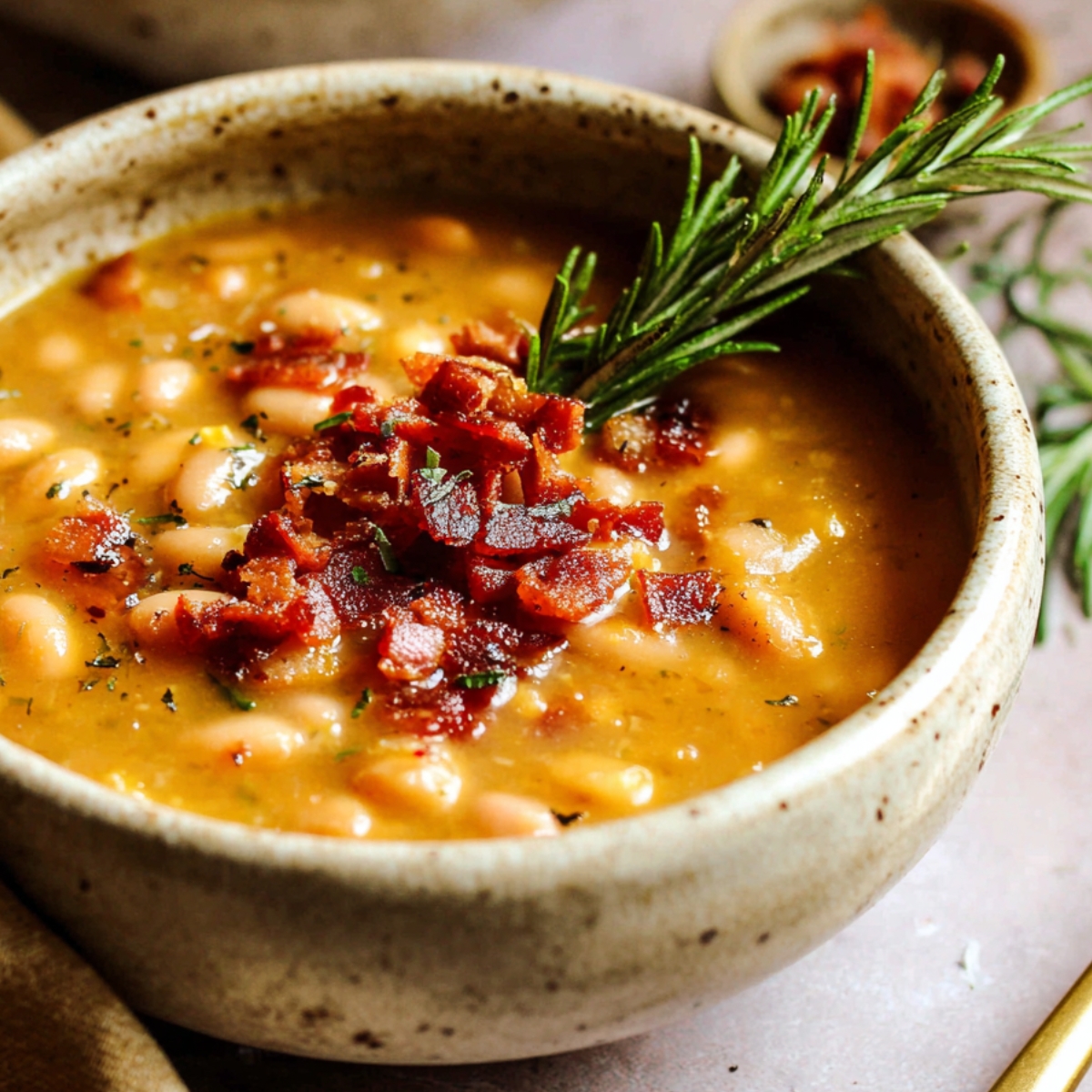A warm bowl of White Bean and Bacon Soup, topped with crispy bacon bits and a sprig of fresh rosemary for extra flavor and garnish.