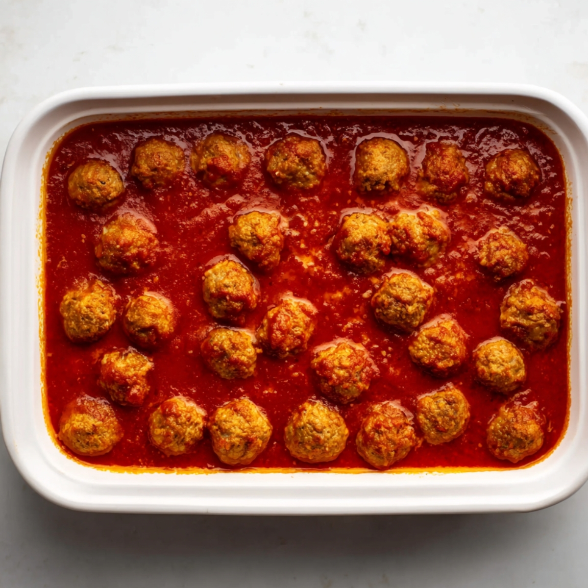 A baking dish filled with golden-brown meatballs submerged in rich marinara sauce, ready to be baked.