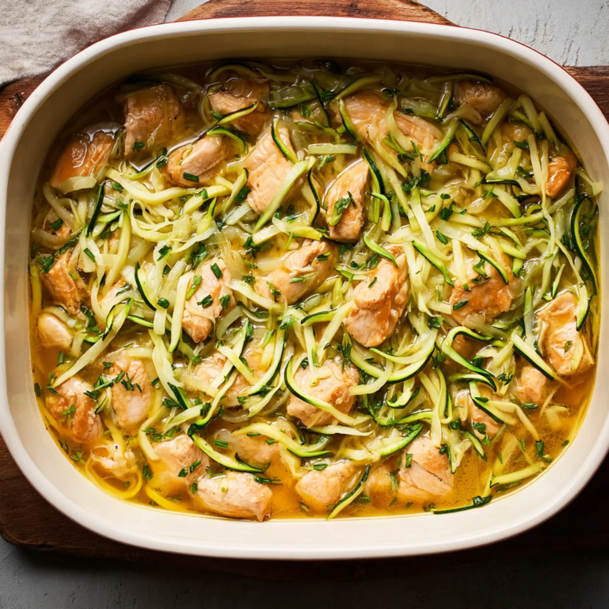 A casserole dish filled with chicken pieces and zucchini noodles, simmering in a flavorful broth, ready to be served.