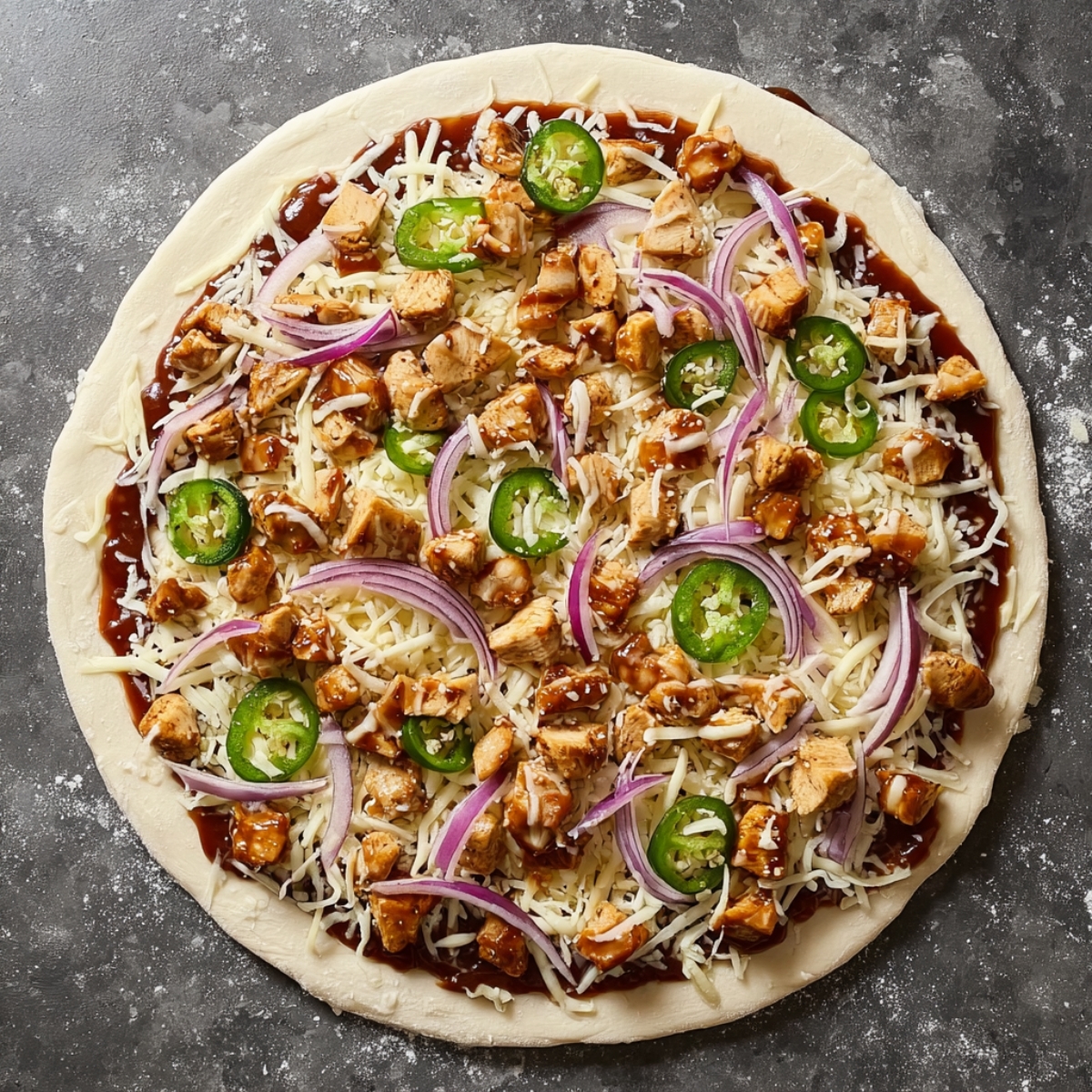 A pizza dough topped with BBQ sauce, shredded cheese, chunks of cooked chicken, red onions, and sliced jalapeños, ready to be baked.