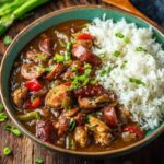 A bowl of Authentic Chicken and Sausage Gumbo served with fluffy white rice, garnished with green onions, placed on a rustic wooden surface.