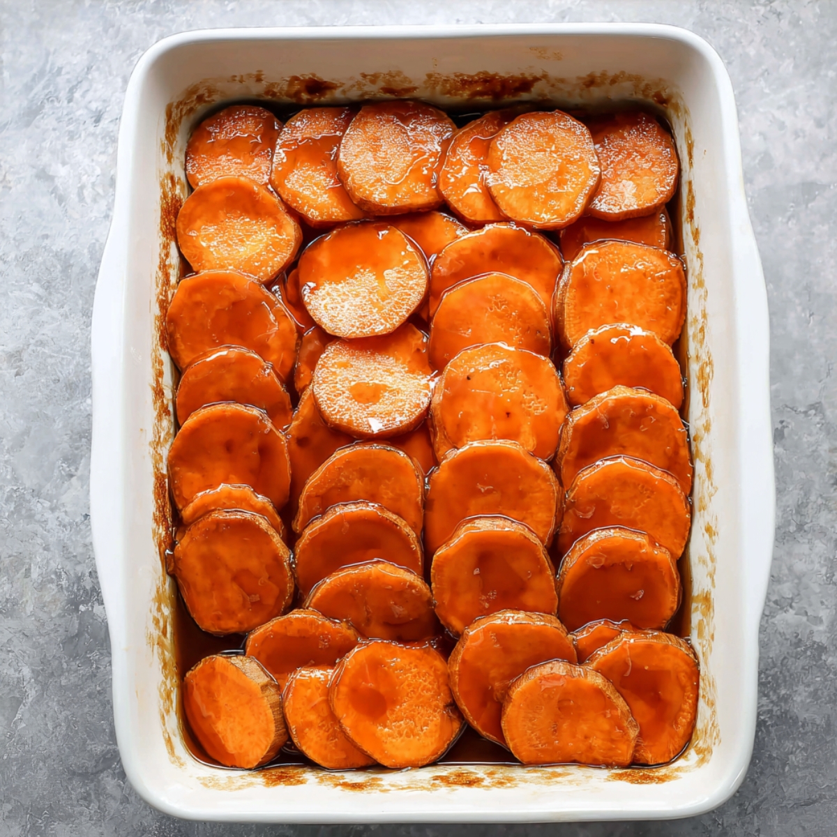 Layered sweet potatoes in a baking dish, covered with syrup before baking.