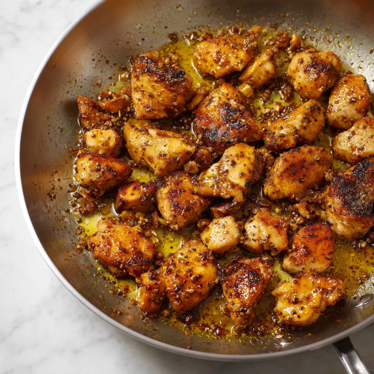 Seasoned chicken pieces browned in a skillet, with a flavorful crust forming on the edges, ready to be incorporated into the dish.