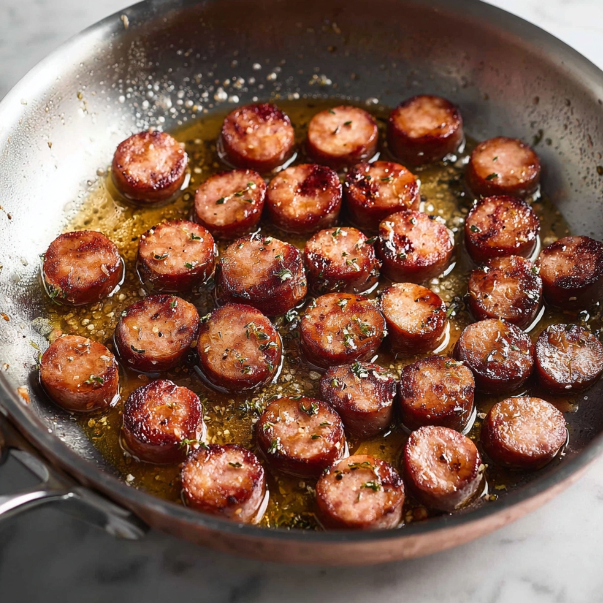 Golden-brown slices of chicken sausage sizzling in a skillet, flavored with herbs and ready to be combined with other ingredients.