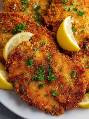 Crispy, golden-brown Chicken Schnitzel garnished with fresh parsley and lemon wedges, served on a white plate.
