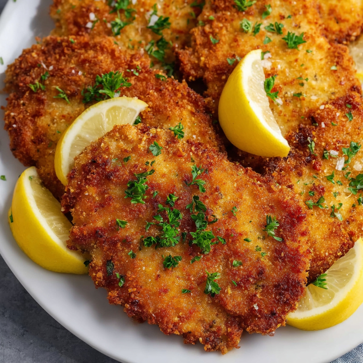 Crispy, golden-brown Chicken Schnitzel garnished with fresh parsley and lemon wedges, served on a white plate.
