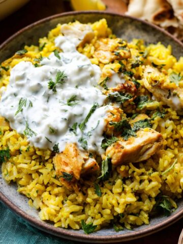 A serving of Chicken Tzatziki and Rice topped with perfectly cooked chicken pieces, fresh herbs, and a generous dollop of tzatziki sauce.