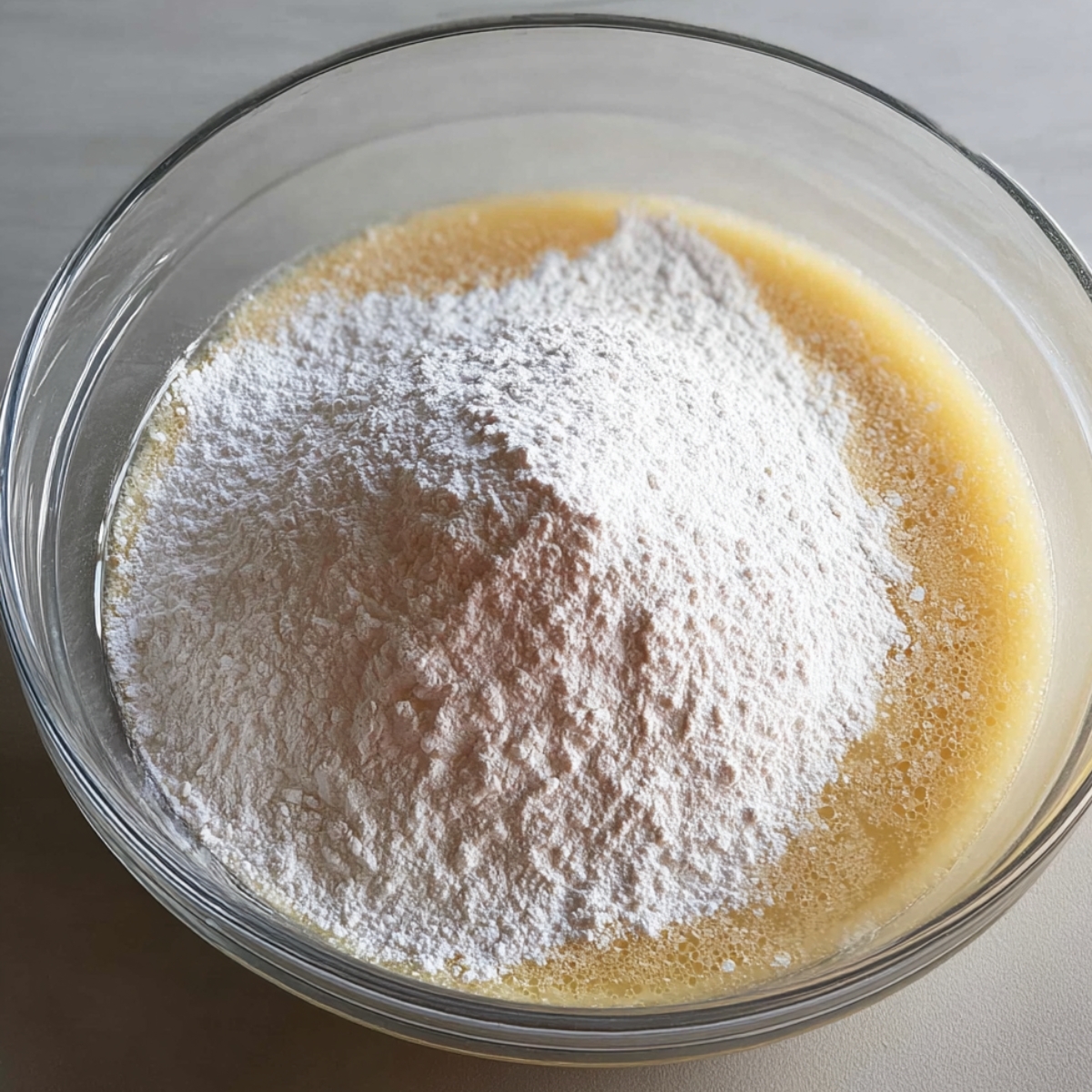 Close-up of a mixing bowl with wet ingredients, topped with a mound of sifted flour. The flour is waiting to be mixed into the wet ingredients to form a batter.