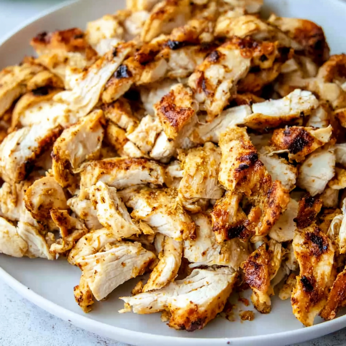 A plate of perfectly cooked and shredded chicken with golden-brown crispy edges, highlighting the grilled texture.