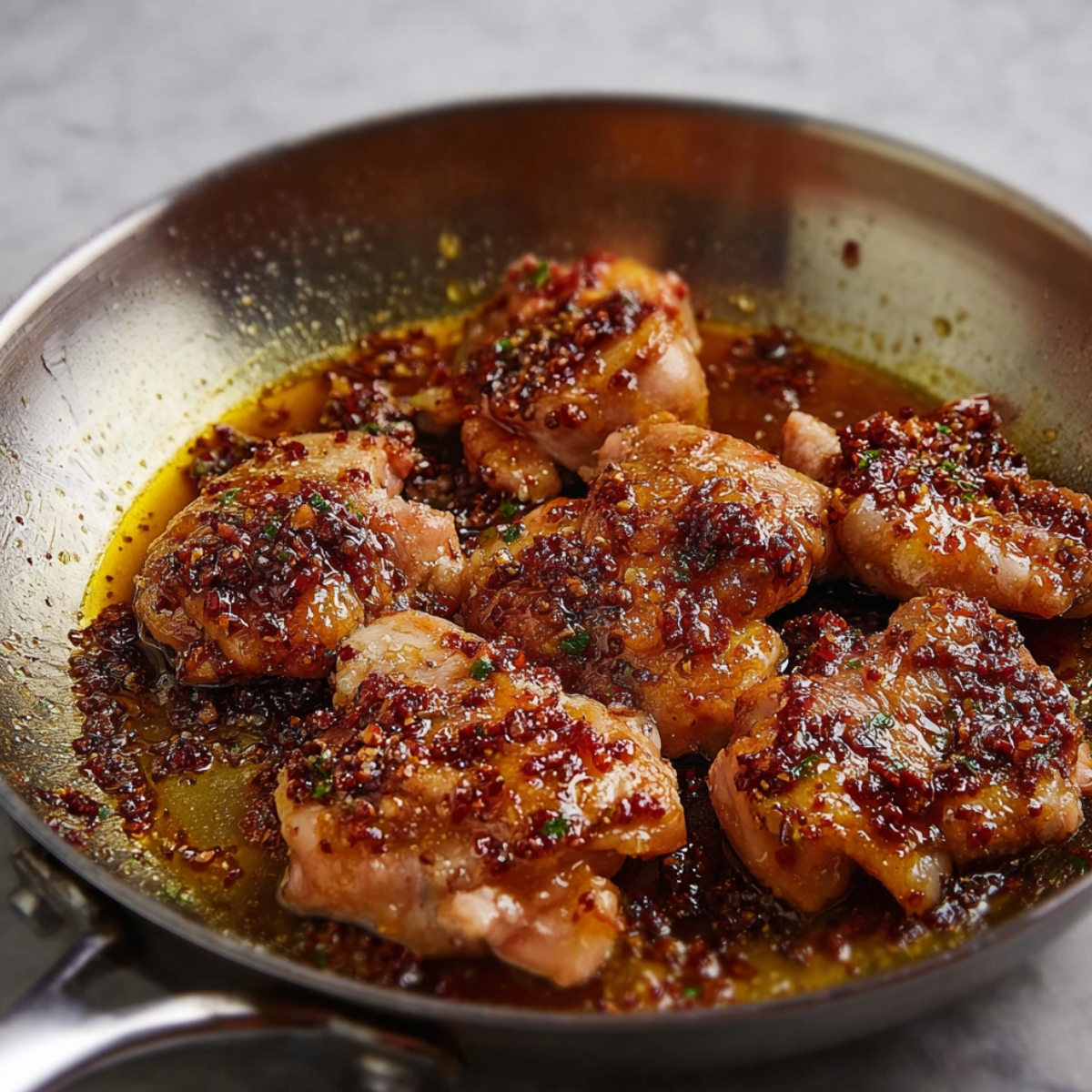 Chicken thighs searing in a pan with chipotle honey marinade, sizzling in the sauce with a rich, golden-brown glaze.