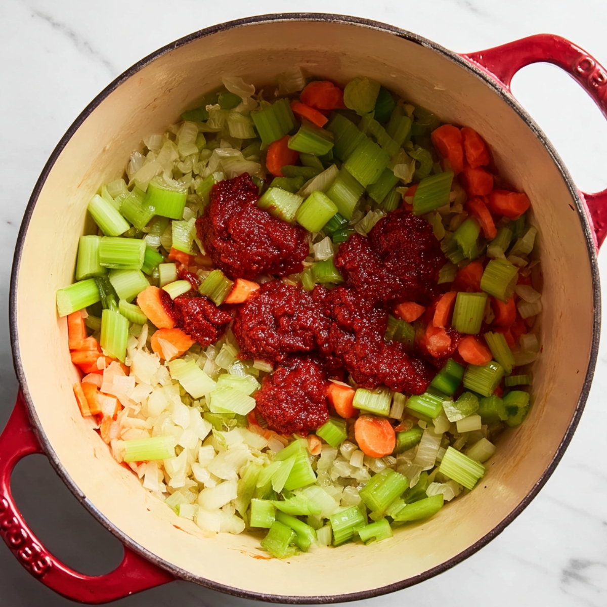 Chopped onions, carrots, celery, and tomato paste cooking together in a red pot, creating a rich, aromatic base for a soup or stew.