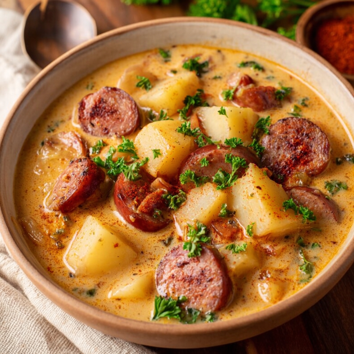 Close-up of a Creamy Cajun Potato Soup served with sausage, topped with fresh parsley.