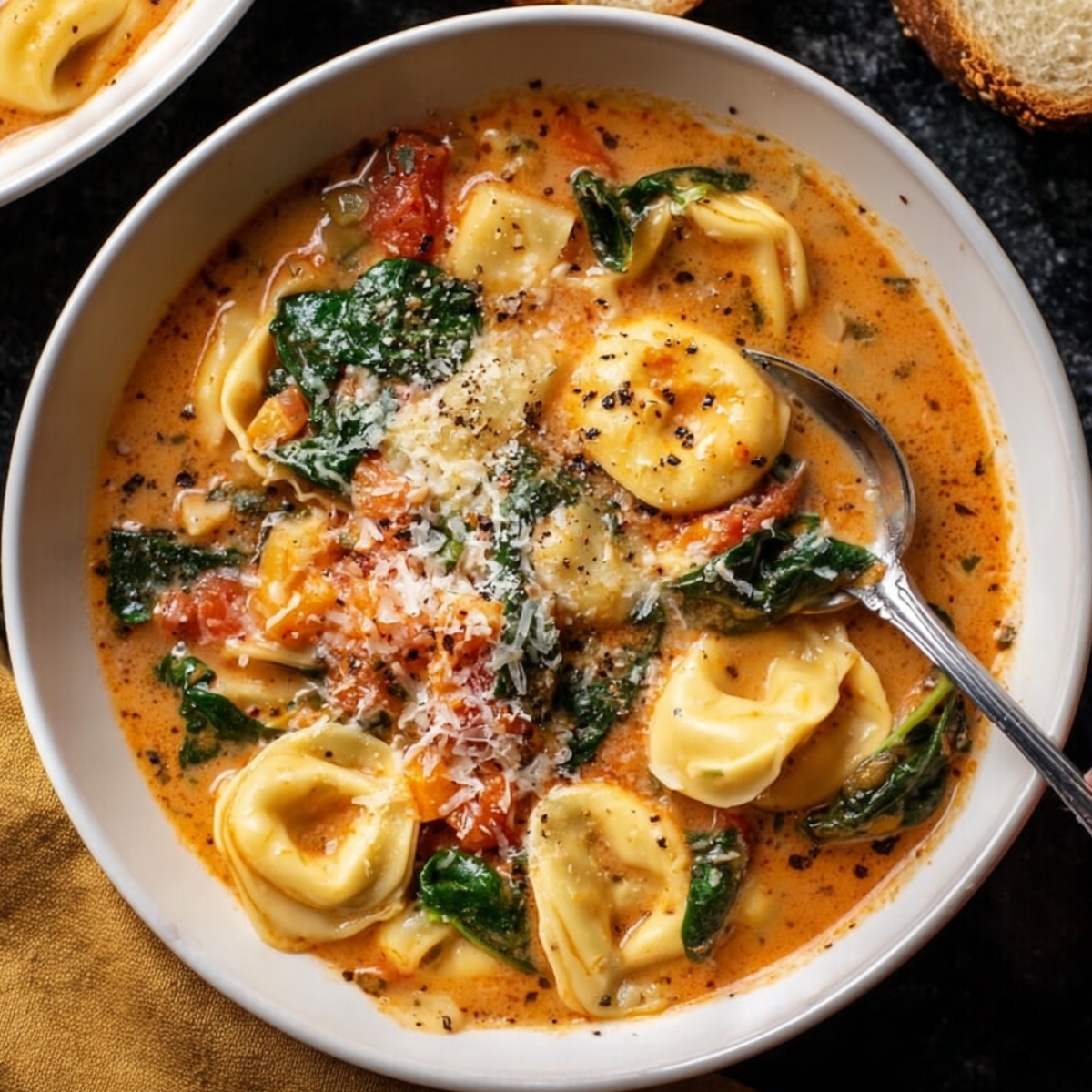 A hearty bowl of Creamy Tortellini Soup, featuring tender pasta, spinach, tomatoes, and a rich broth, topped with Parmesan cheese.